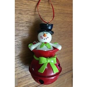 Adorable Festive SNOWMAN in Metal JINGLE BELL TOY BAG Holiday Tree Ornament